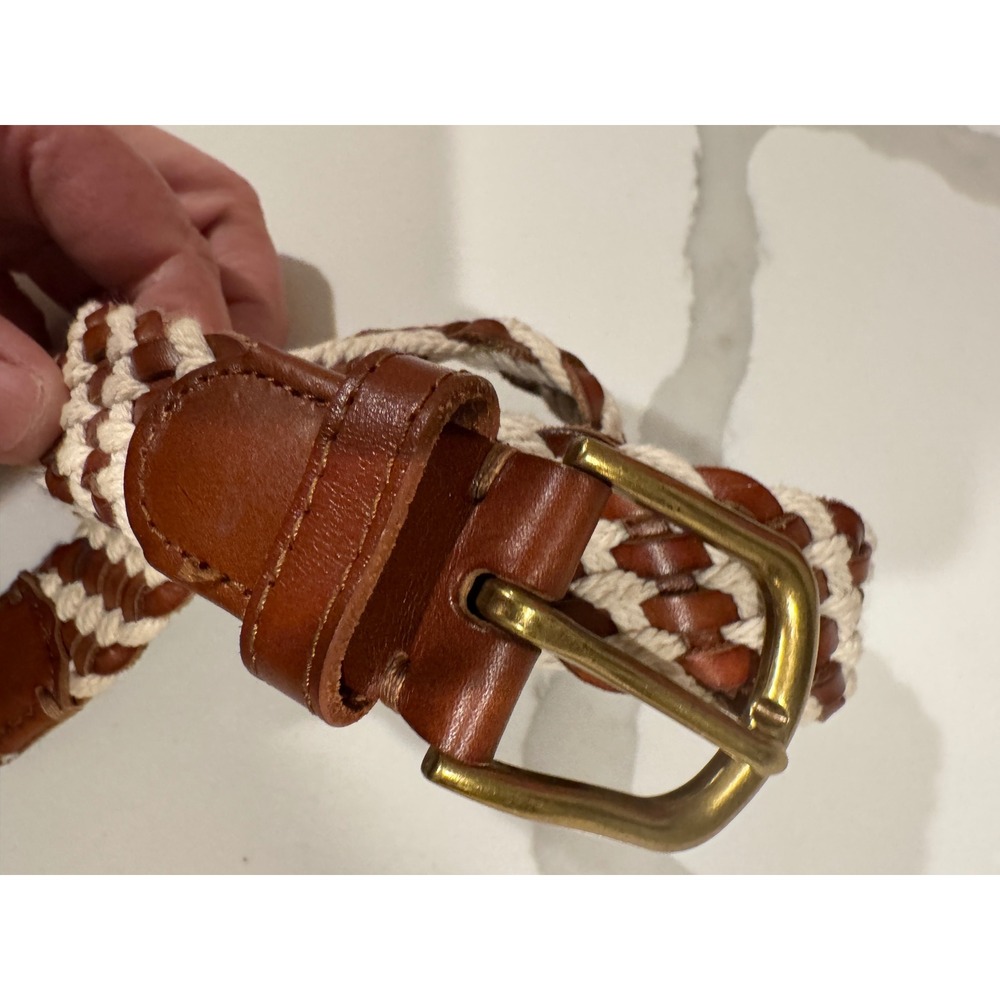 Braided Leather and Rope‎ Belt Brown Cream Brass Buckle Women Boho Nautical